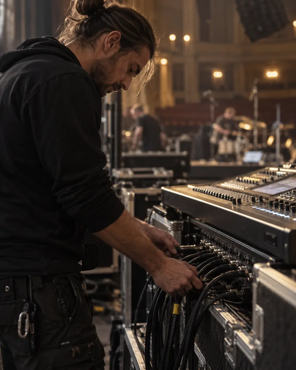 Tecnico audio durante il collegamento delle apparecchiature