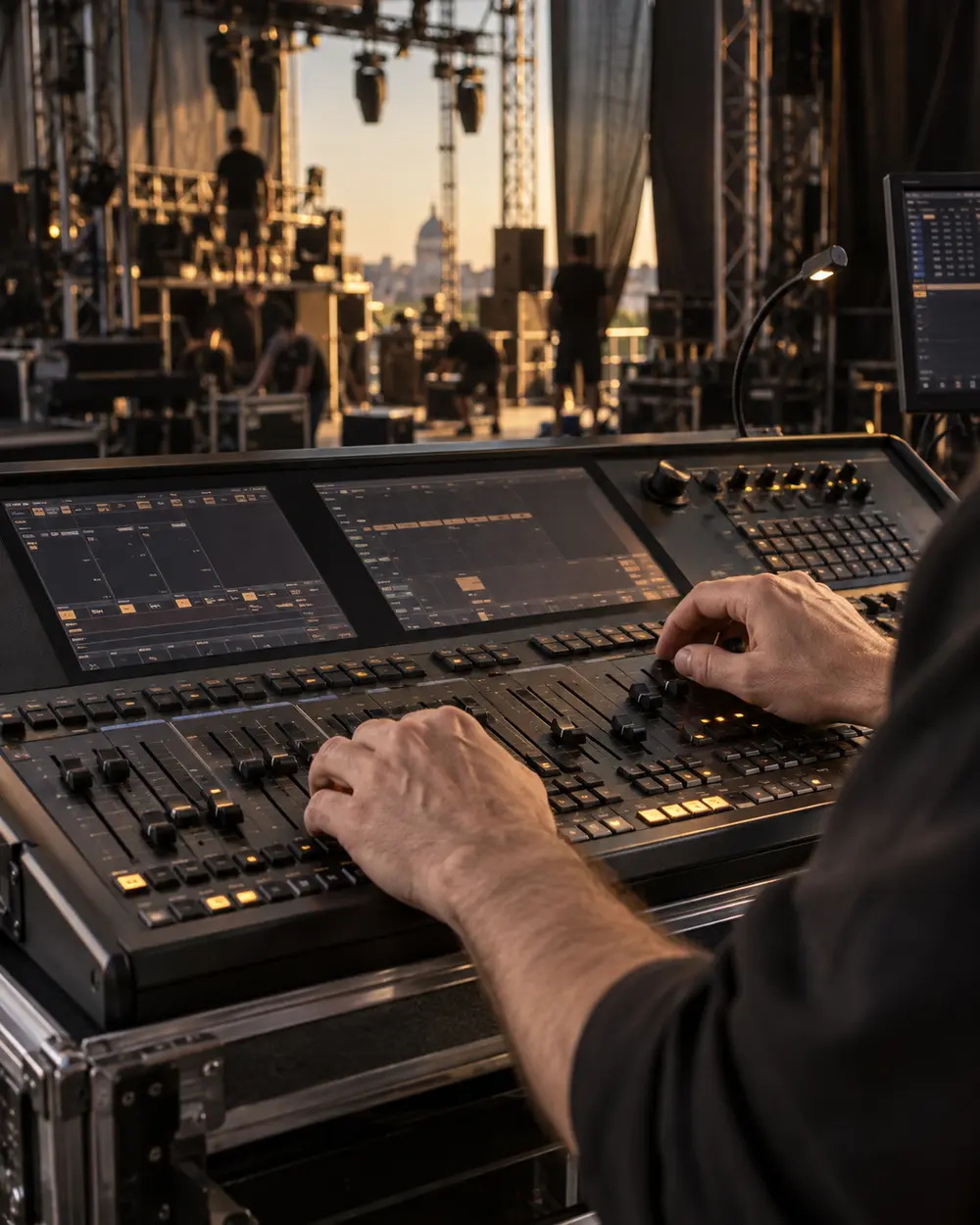Operatore al lavoro su una console luci professionale