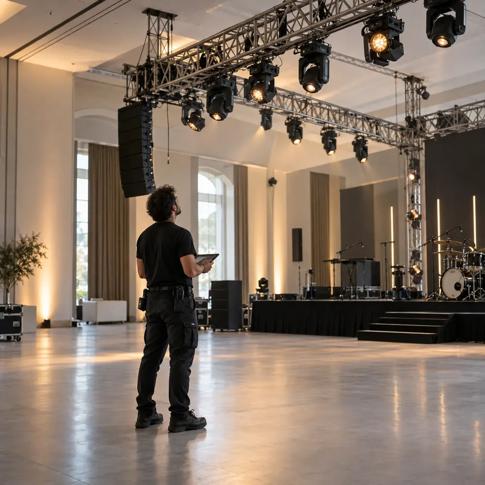 Tecnico durante il controllo finale di palco e illuminazione