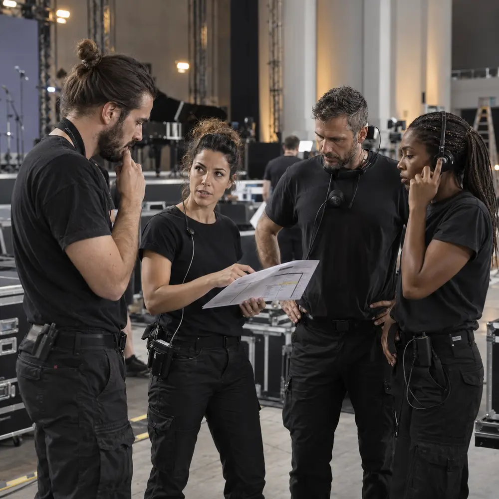 Crew tecnica mentre coordina il lavoro prima di un evento