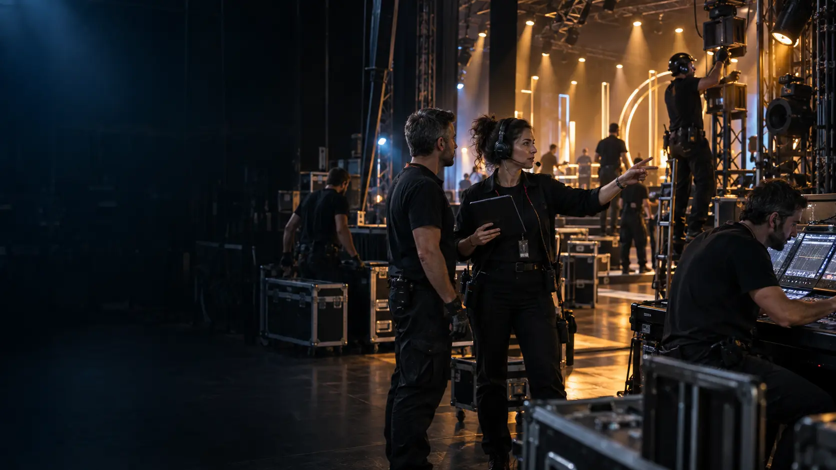 Crew tecnica al lavoro durante l’allestimento di un evento